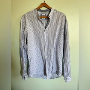 Zara Men's White and Blue Striped Button Down Shirt
